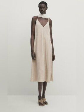 Massimo Dutti Light Beige Spaghetti Strap Midi Dress